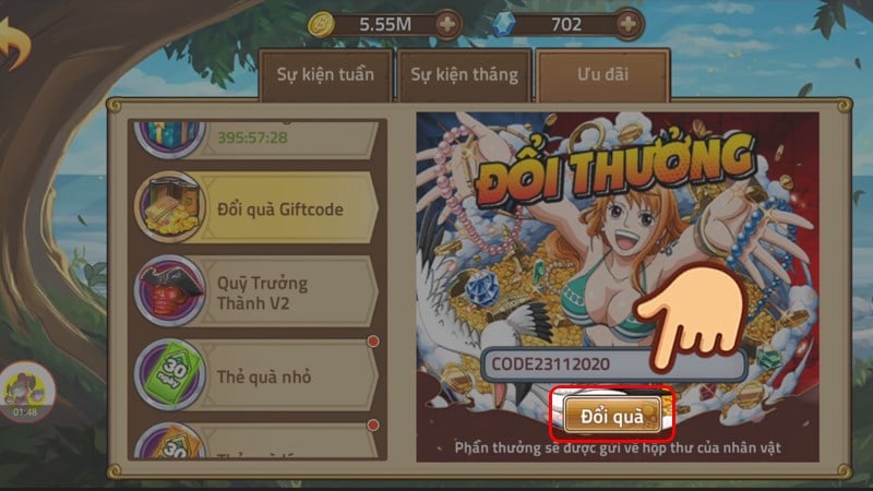 Nhập Code Hải Tặc Đại Chiến và chọn Đổi quà.